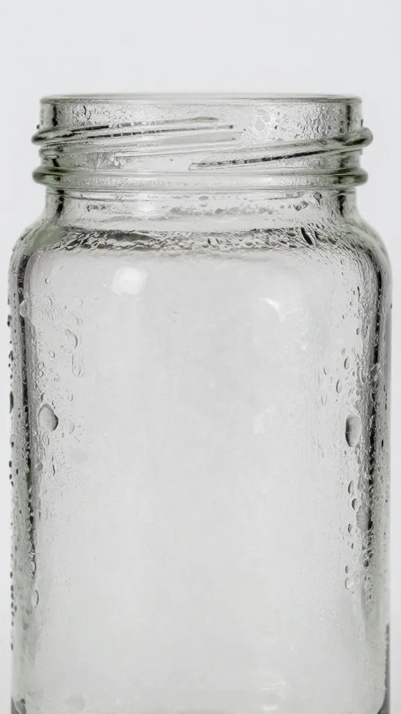 closeup of narrow-mouth glass jar with heavy condensation