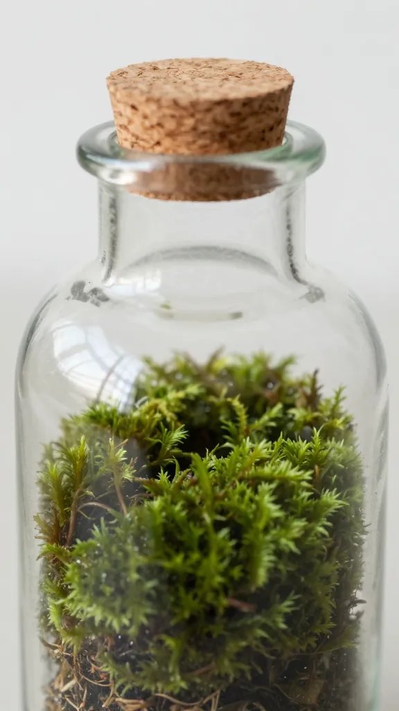 moss terrarium in corked bottle, tiny opening closeup