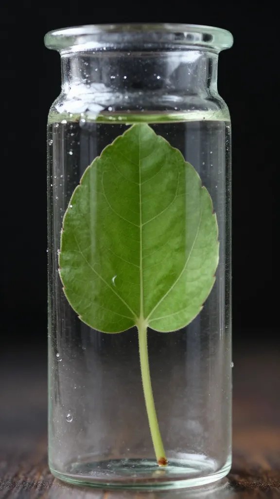 fittonia leaf inside narrow-neck apothecary jar, macro