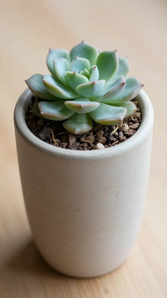 succulent in wide-mouth cylinder vase, dry substrate visible