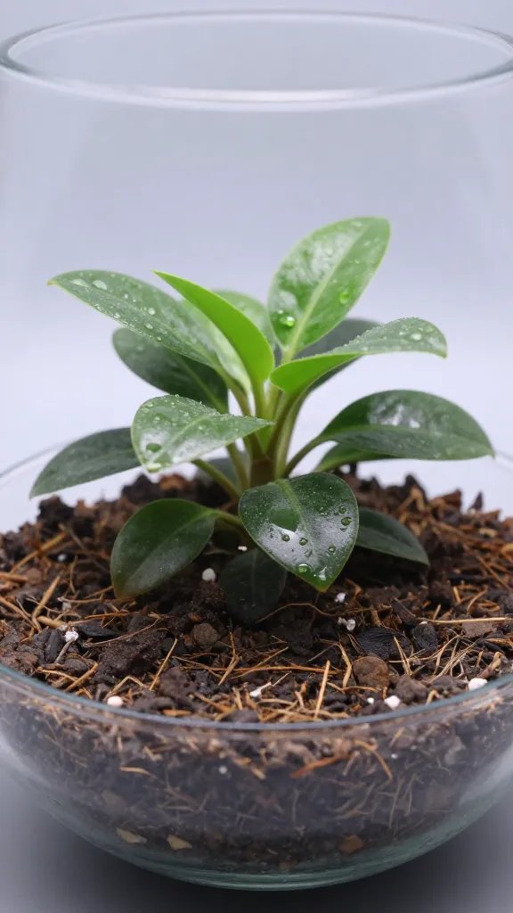 single peperomia in open bowl terrarium, airy substrate closeup