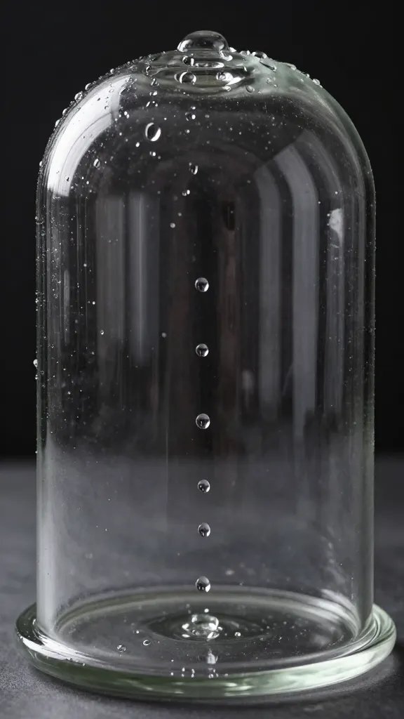 water droplets running inside tight-neck glass cloche, macro