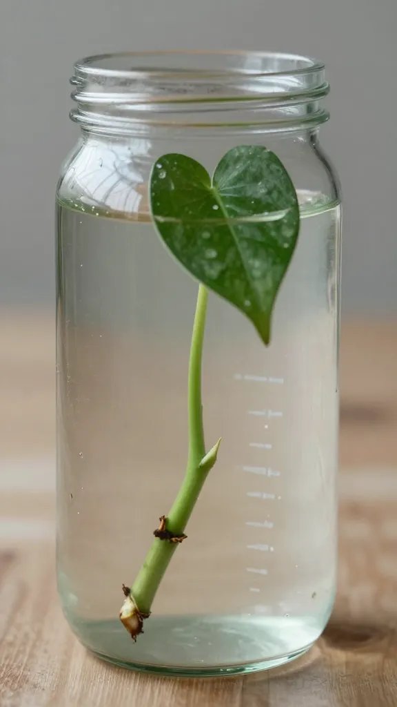 single pothos cutting in wide-mouth jar, fresh airflow feel