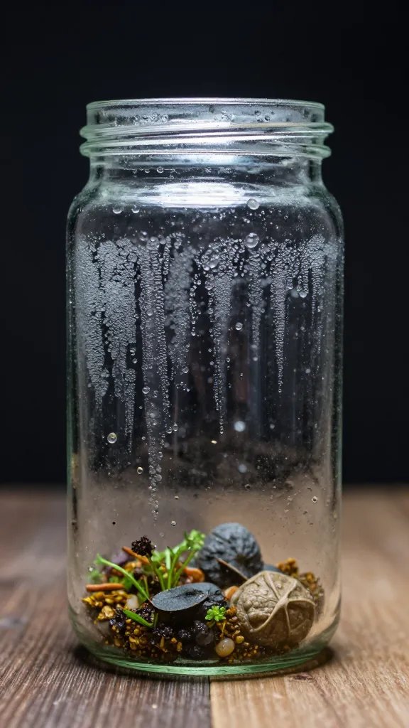 single glass jar terrarium with heavy condensation