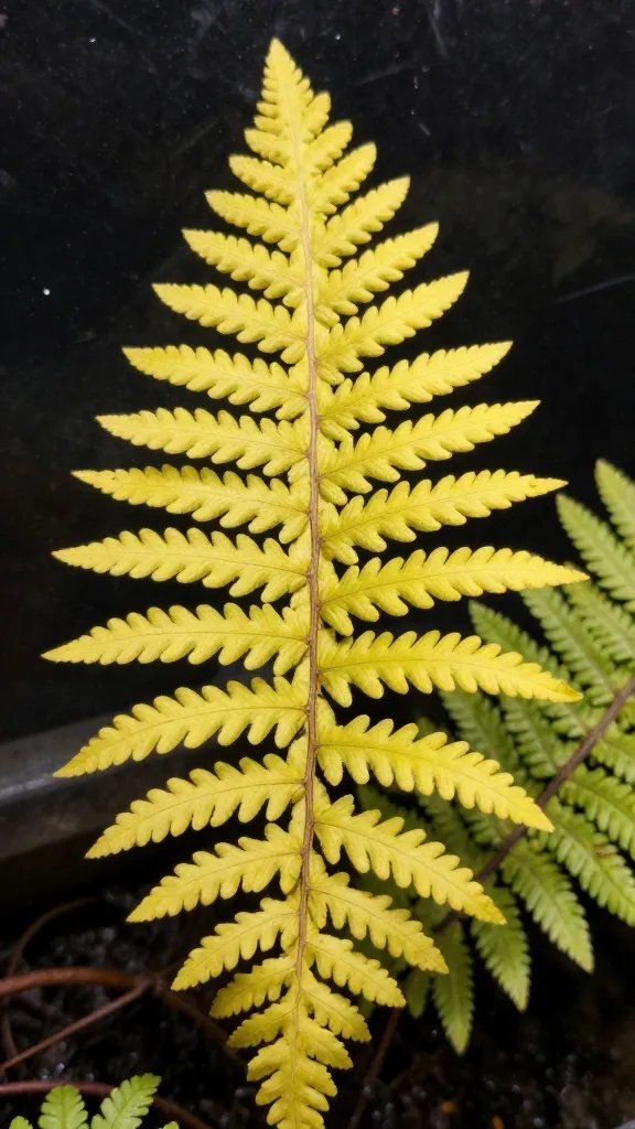 closeup of yellowing fern frond in terrarium