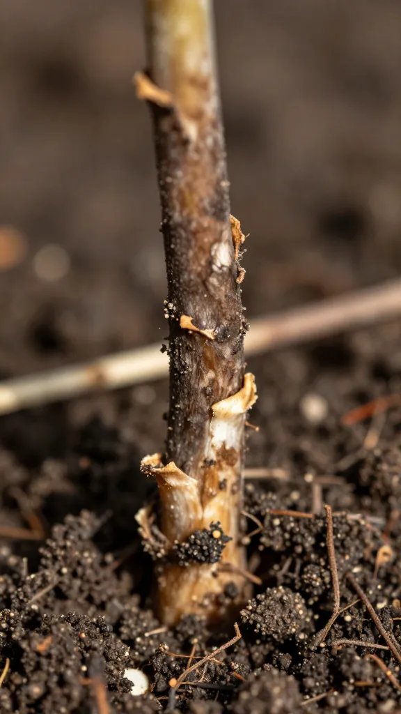 macro shot of mushy rotting stem in soil