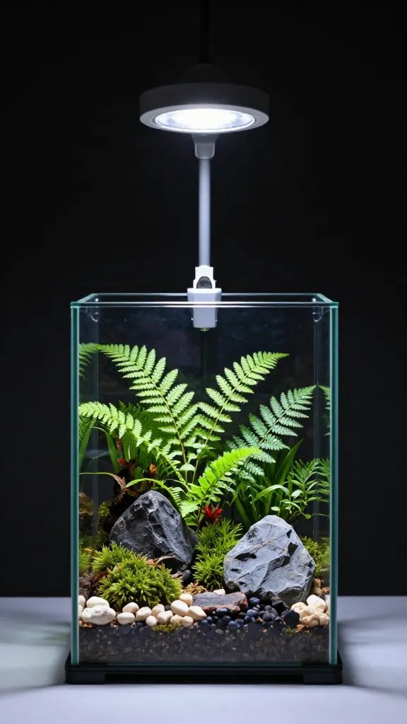 single LED grow light over small closed terrarium