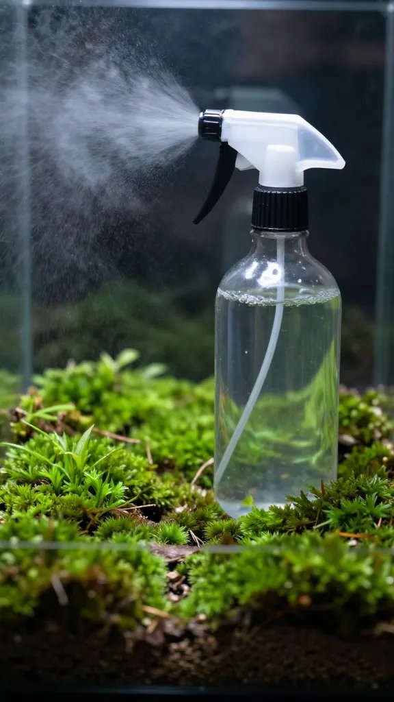 single spray bottle misting open terrarium moss
