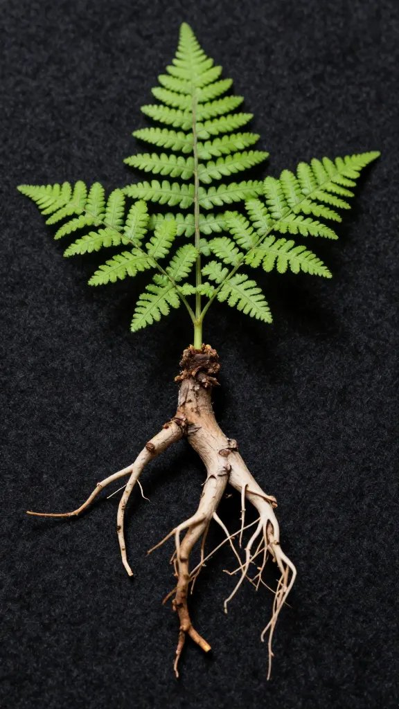 fern root mat anchored to black felt, macro shot