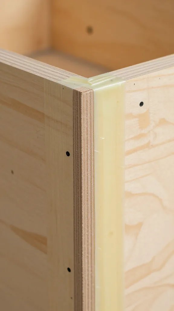 closeup of waterproofed plywood frame corner with butyl tape