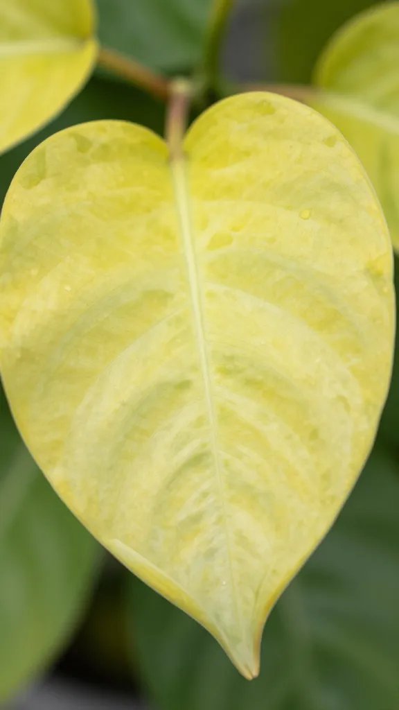 closeup of yellowing pothos leaf, soft and translucent