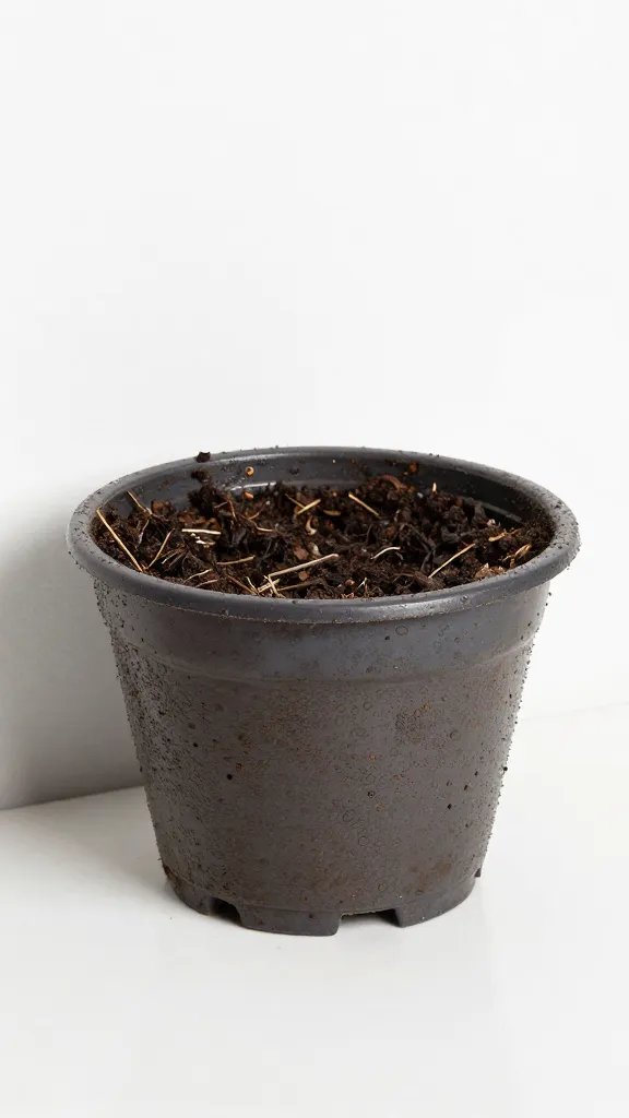 single wall planter with soggy potting mix, waterlogged surface