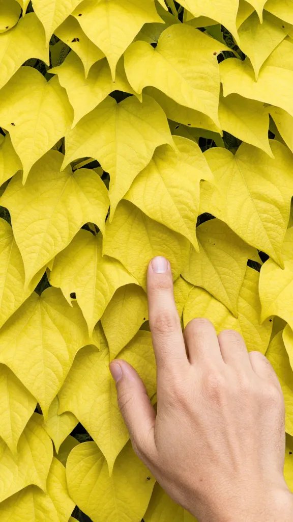 fingertip pressing mushy yellow leaf on living wall