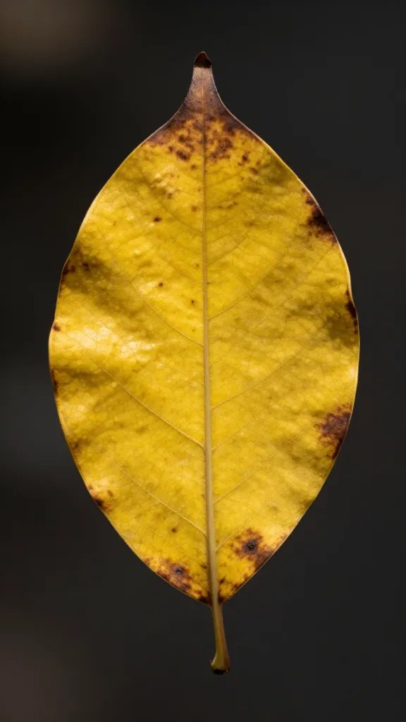 single crispy yellow leaf with brown edges, sun scorch