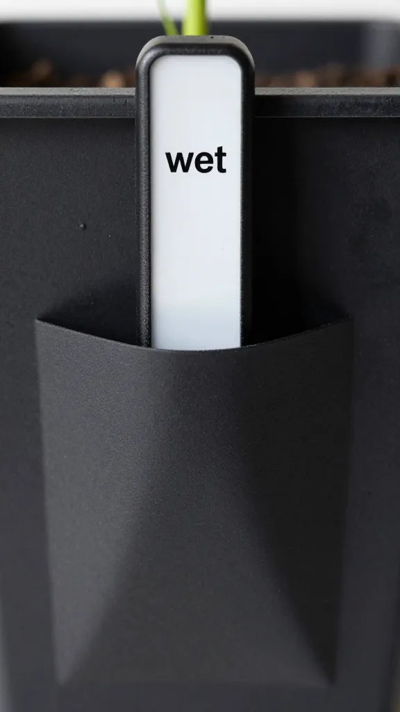 moisture meter reading “wet” in vertical planter pocket
