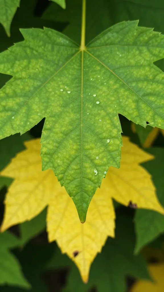 closeup of healthy new green leaf above yellow older leaf