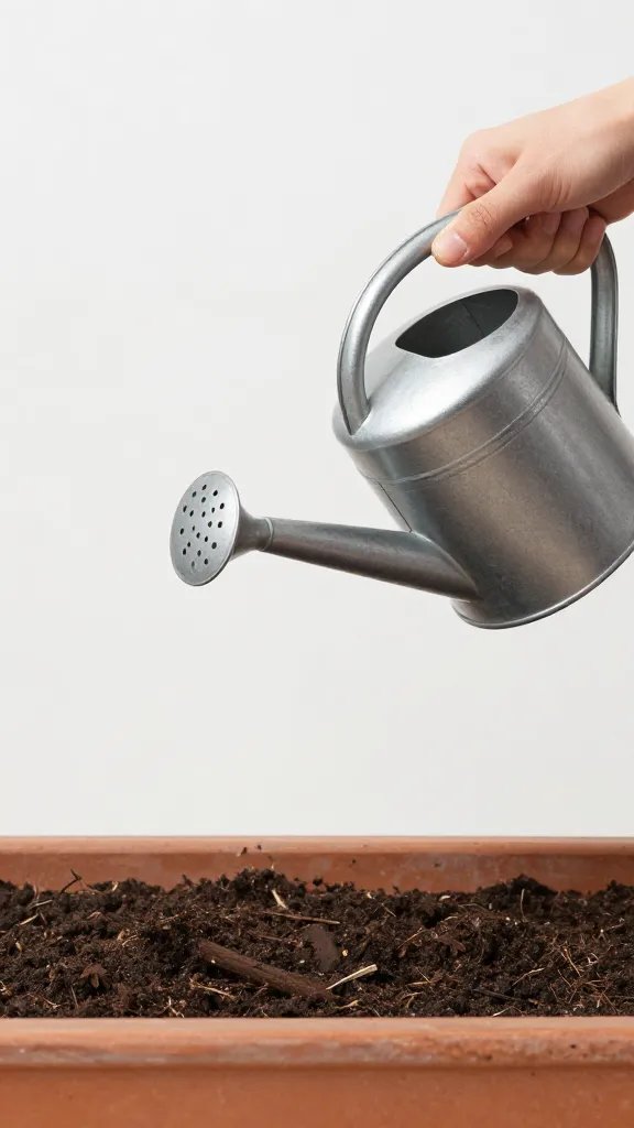 single watering can spout paused above wall planter soil