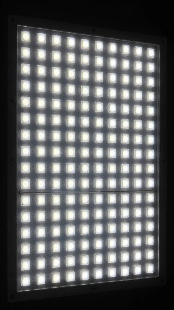 closeup of LED grow light panel over living wall
