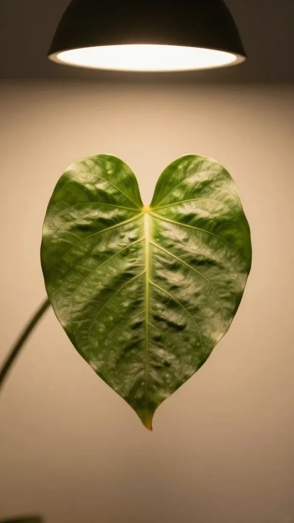 single pothos leaf under warm grow light