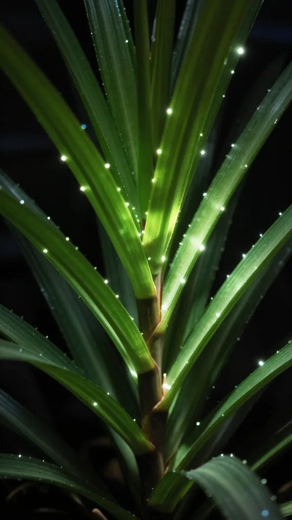 closeup of ZZ plant frond lit by LED