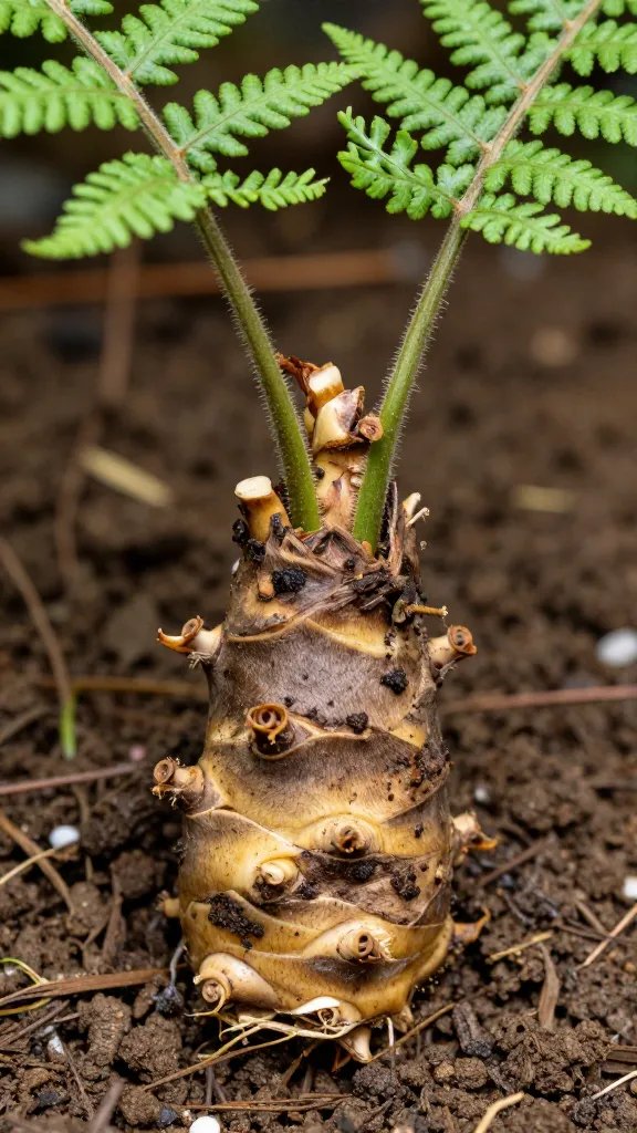 closeup of fern rhizome in shallow substrate