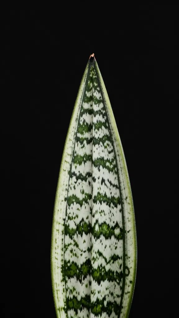 single snake plant blade against black backdrop