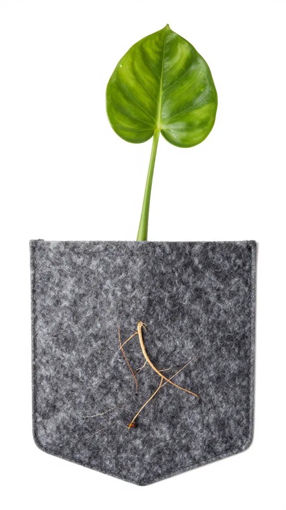 closeup felt pocket with single philodendron stem rooted