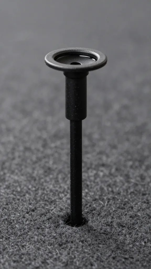 single black irrigation dripper anchored to felt, closeup
