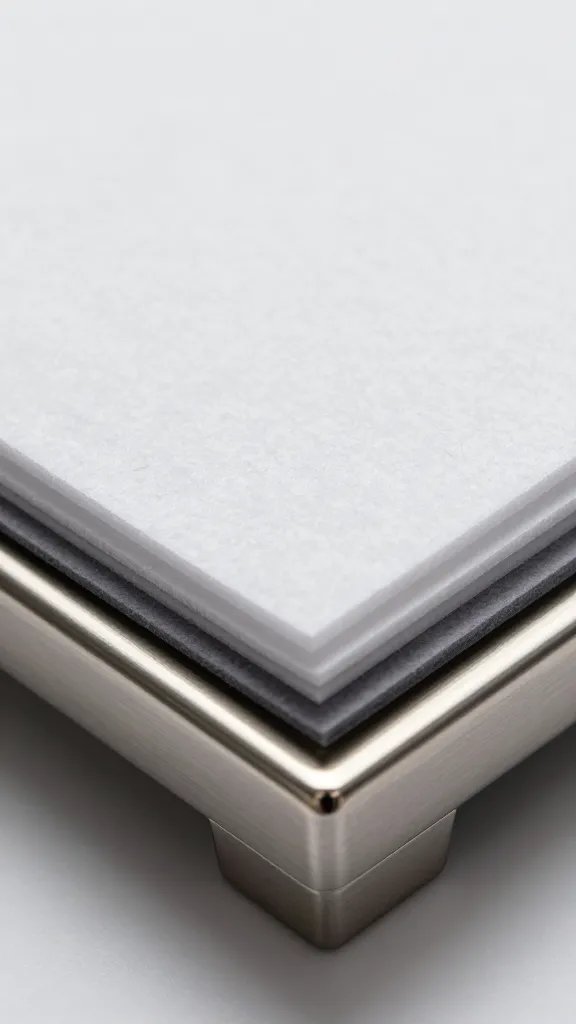 stainless frame edge holding layered felt, closeup