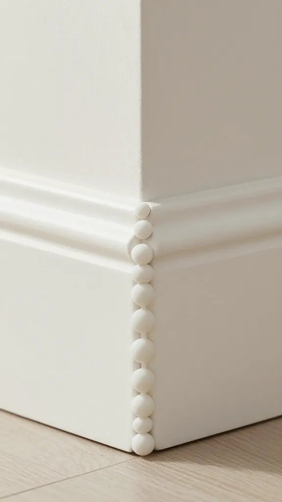 closeup of silicone bead along baseboard-wall joint