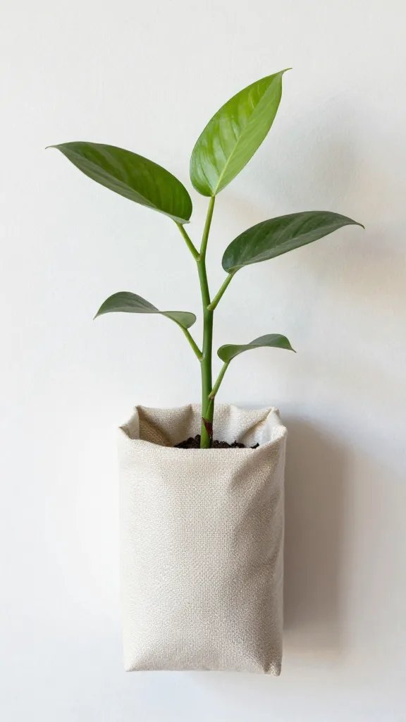single pothos cutting in narrow fabric wall planter