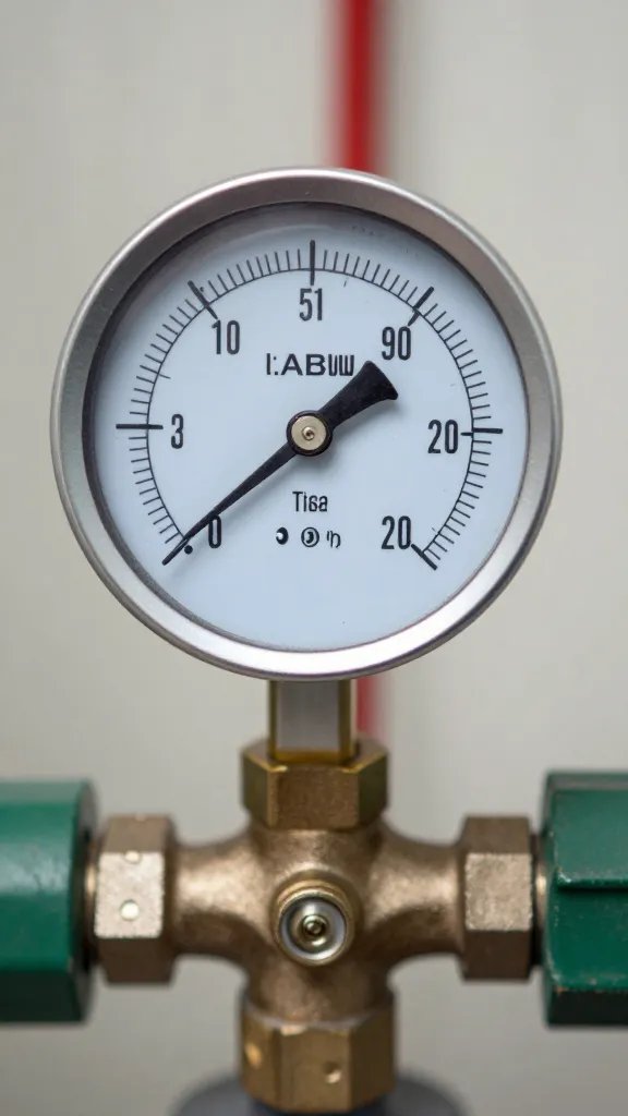 pressure gauge on indoor irrigation manifold closeup