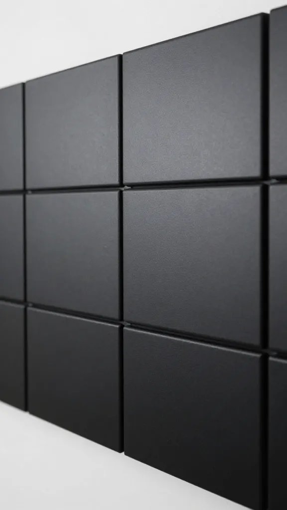 closeup modular living wall backboard panel, matte black plastic
