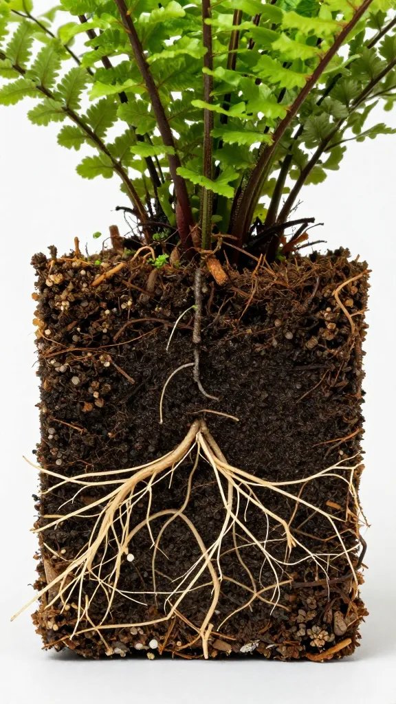 root-bound fern in modular plant pocket, closeup roots