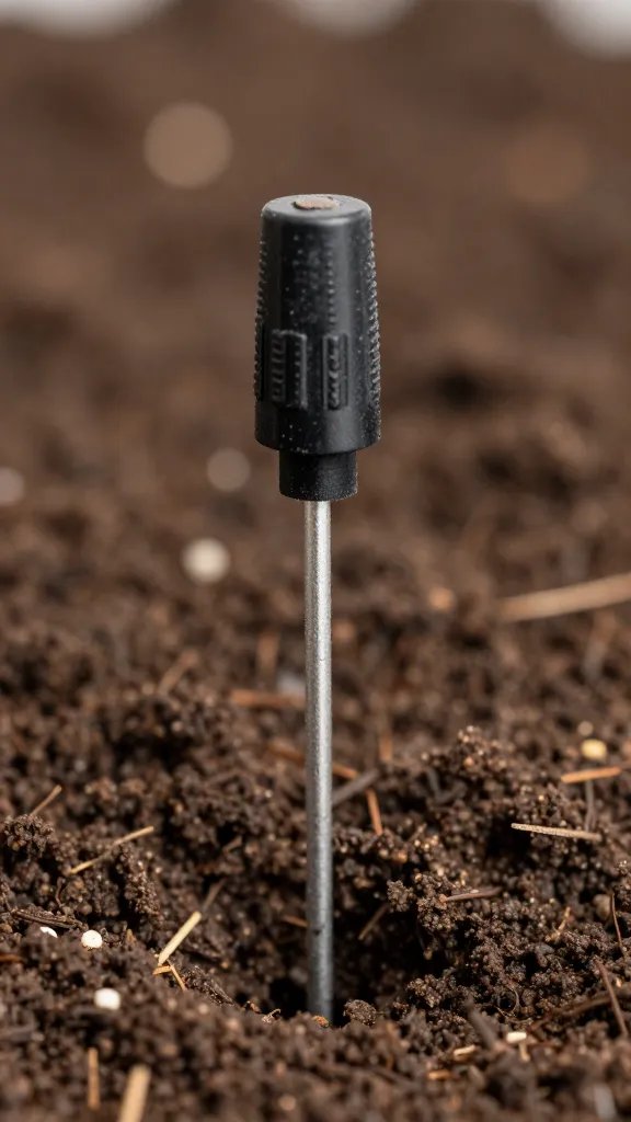 single moisture sensor probe in planting substrate, macro