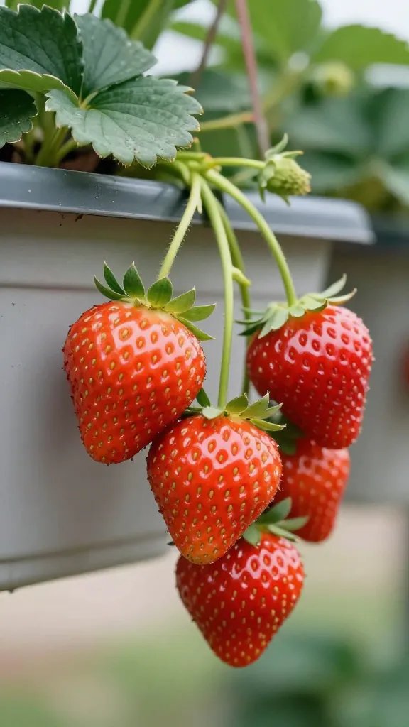 Closeup ‘Albion’ strawberry cluster in hanging basket