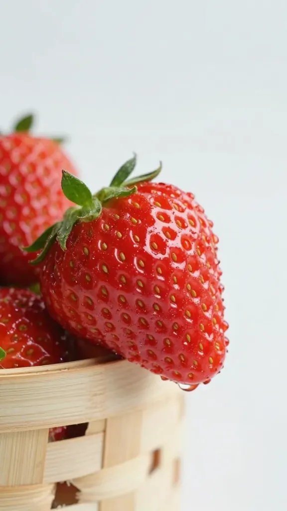 Single ripe strawberry with dew, trailing over basket rim