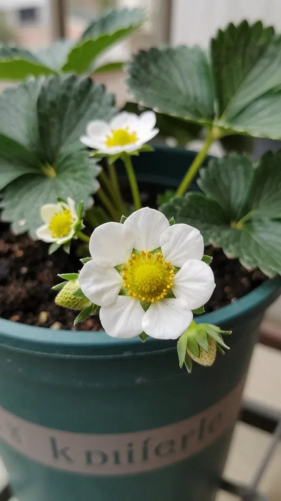 Day-neutral strawberry flower macro on balcony basket