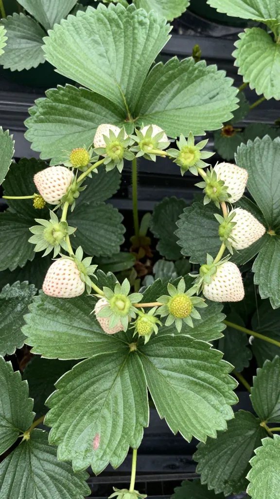 Everbearing strawberry crown showing fresh new leaves