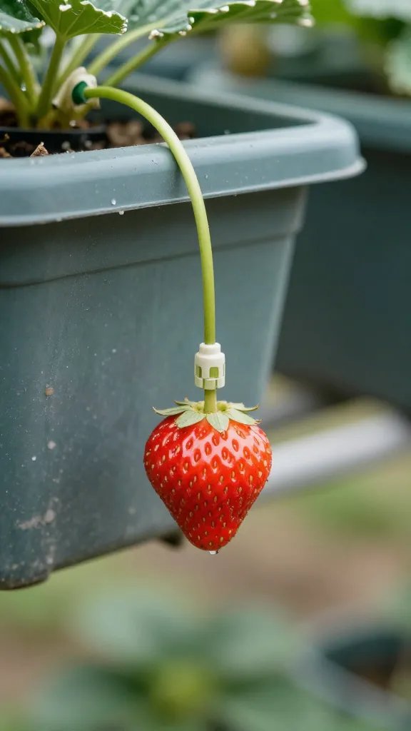 Drip irrigation emitter on strawberry hanging basket