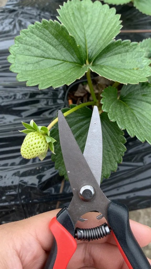 Hand snipping strawberry runner with clean pruning shears