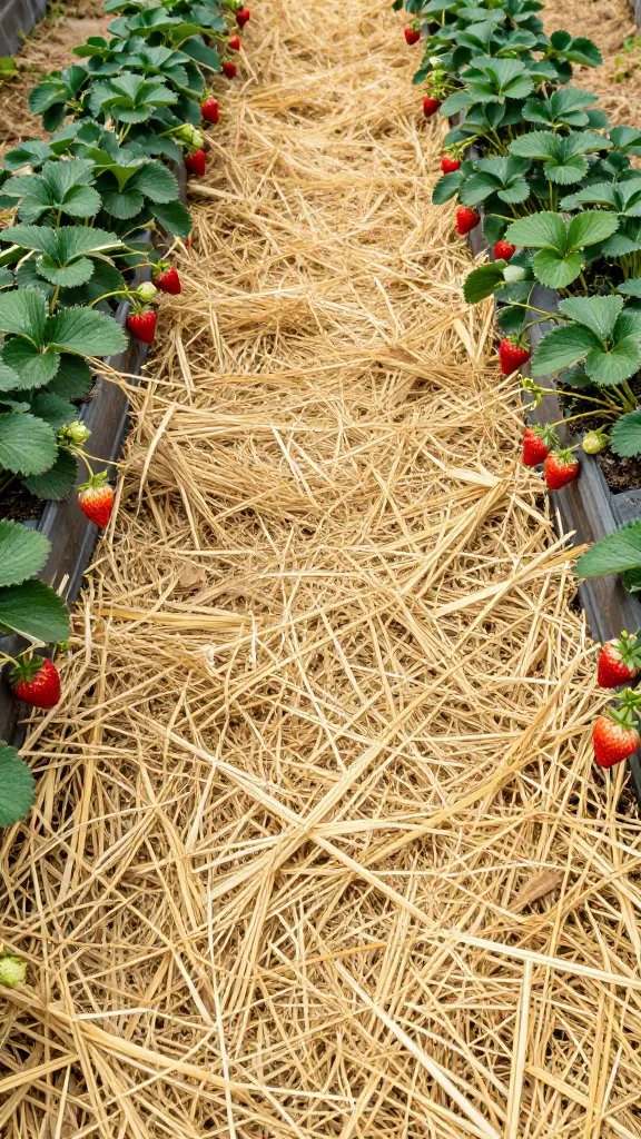 Clean straw mulch layer in strawberry hanging basket