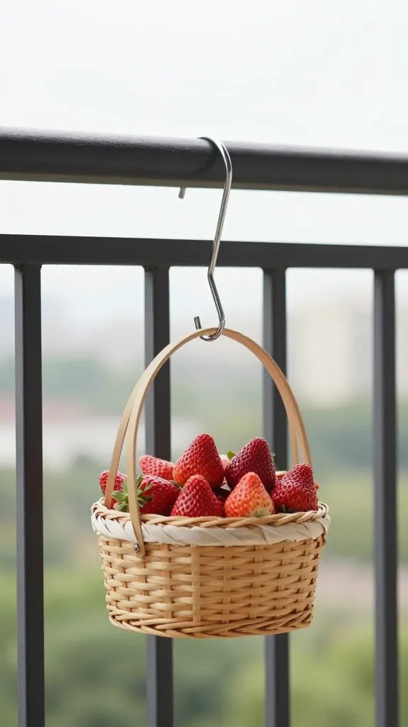 Balcony railing hook holding single woven strawberry basket