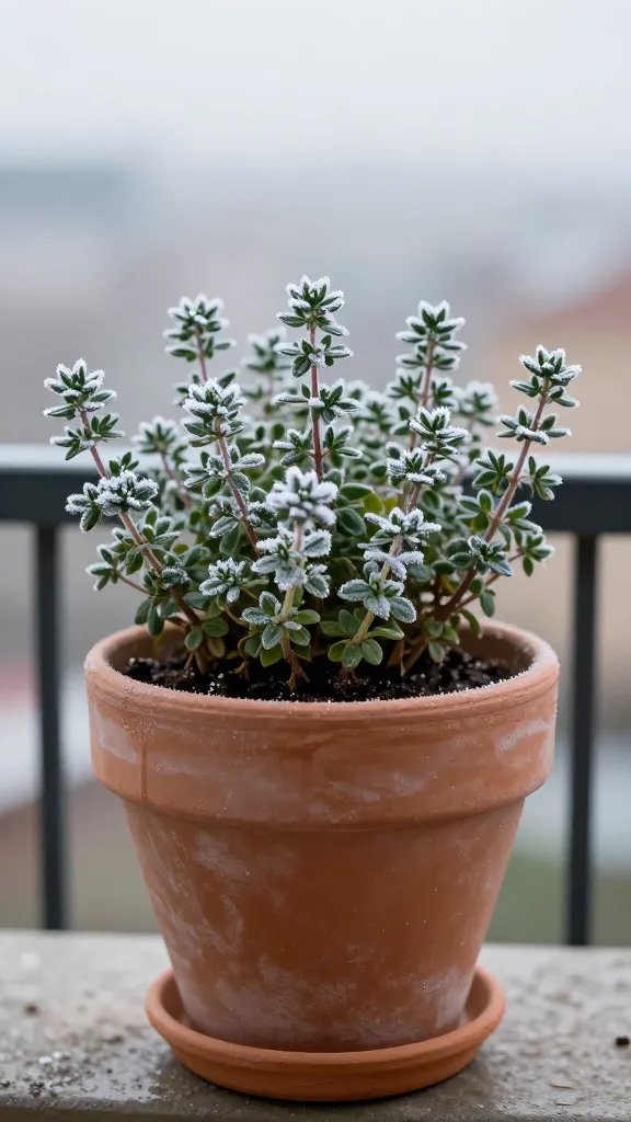 frost-kissed thyme sprig in terracotta pot, balcony railing