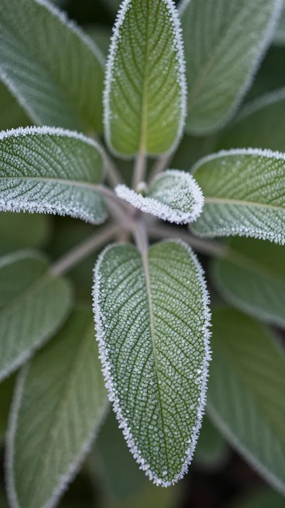 closeup of sage leaves with morning frost crystals
