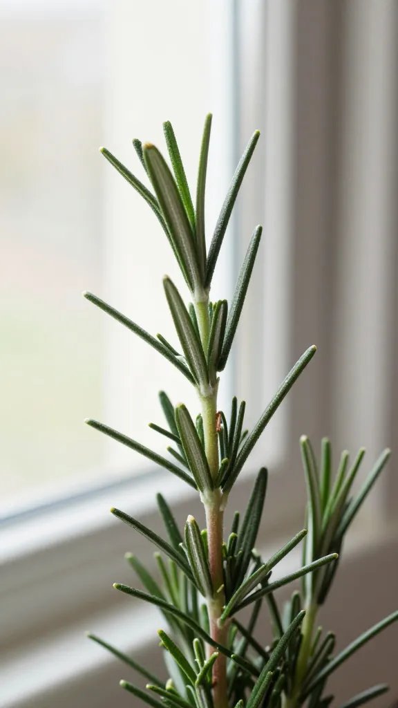 rosemary tip indoors on windowsill grow light