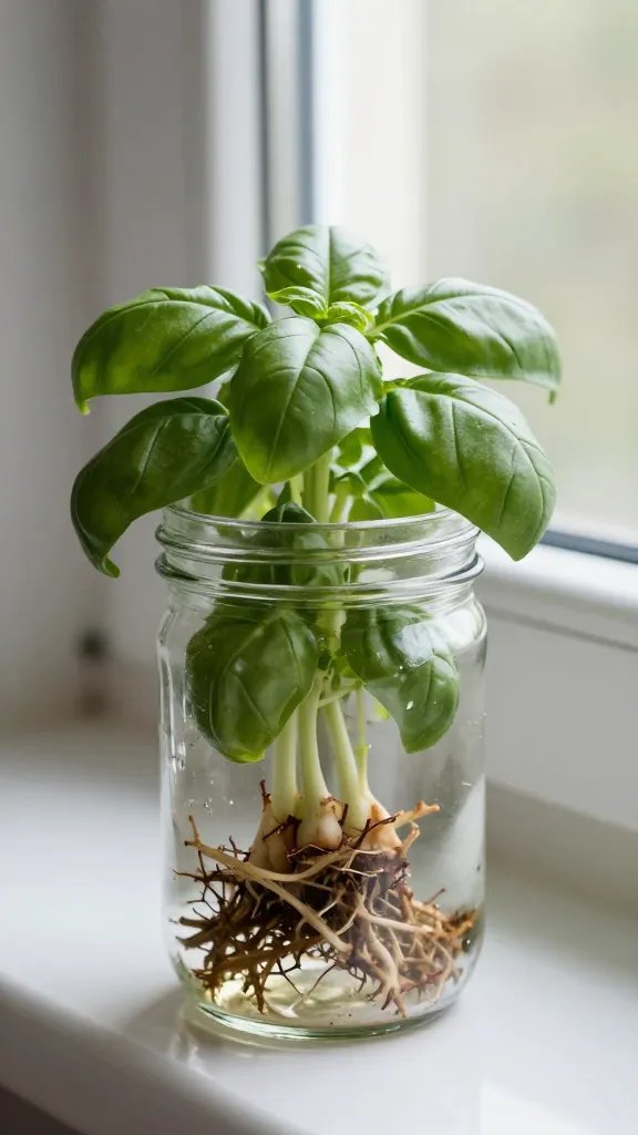 basil cutting rooting in clear jar by window