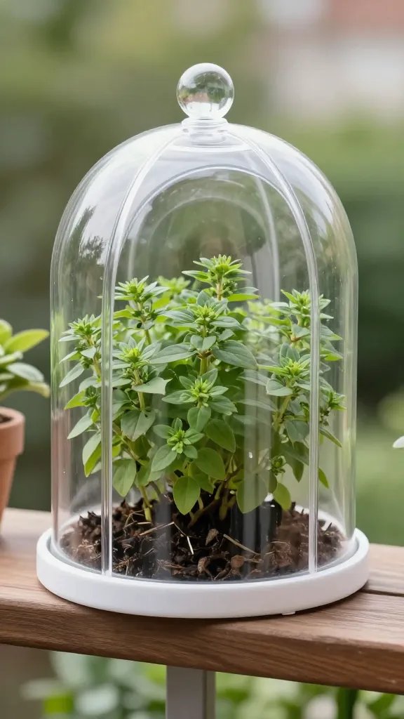 oregano cluster under cloche on balcony shelf