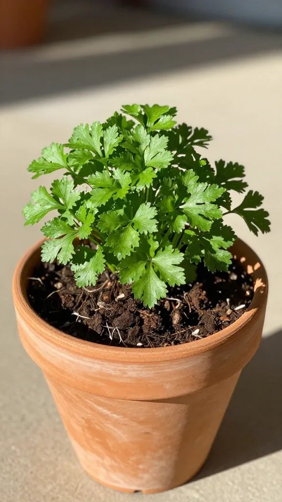 parsley crown mulched in clay pot, winter sun