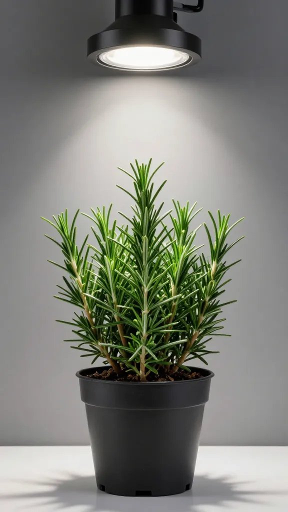 indoor LED panel spotlighting potted rosemary